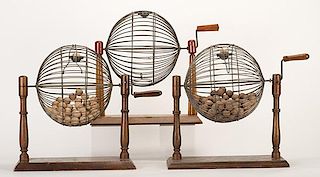 Three Bingo Cages. Two with bingo balls, the third without, but with lovely Bakelite posts.