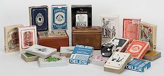 Twenty One Packs of Playing Cards, Italian Leather Playing Card Box, Dice Thermometer and Chicago Music Box.
