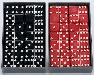 Two Sets of Miniature Dominoes in Original Boxes. One red and one black. Excellent.