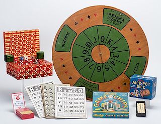 Miscellaneous Lot Gambling Related Items. Includes dice, chips, cards, a punch board, bingo pieces, and more.