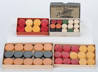 Three Sets of Bakelite Checkers in Original Boxes and One Set of Clay Checkers in Original Box. New York
