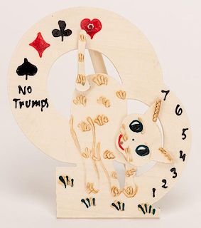White Cat Trump Indicator. Circa 1930. Celluloid trump indicator. CatÍs tail points to the suit and ears point to the table number. Excellent.