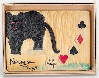 Black Cat Niagara Falls Trump Indicator. Circa 1930. Souvenir celluloid black cat trump indicator in original box, in excellent condition. Size.