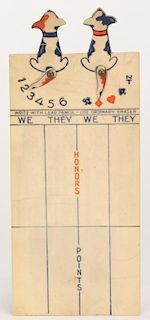 Advertising Trump Indicator and Score Pad Circa 1930. Offered ñCompliments of DotyÍs Service.î Pair of dogs whose wagging tails indicates trump and