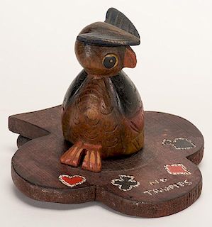 Owl Trump Indicator. Circa 1930. Wooden owl resting on a club-shaped base. OwlÍs talons indicate suit. Excellent.