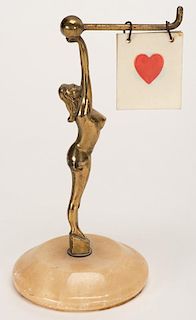 Art Deco Nude Trump Indicator. Circa 1920. Brass art deco nude on stone base. Excellent.