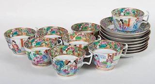 Eight Chinese Export Rose Mandarin cups & saucers