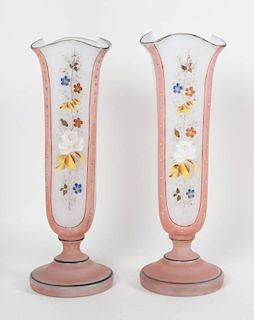 Pair of American enameled frosted glass vases