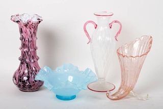 Four assorted art glass vases and bowl