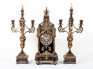 Tiffany bronze and copper 3-piece clock garniture