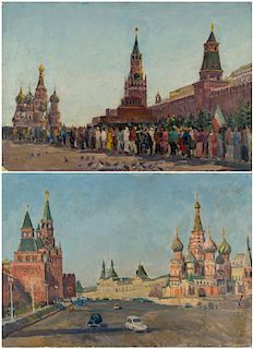 A PAIR OF PAINTINGS WITH RED SQUARE SCENES BY LEONTIY NIKIFOROVICH MAZANOV (RUSSIAN 1902-1982)