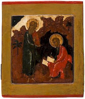 A RUSSIAN ICON OF SAINT JOHN THE EVANGELIST AND HIS DISCIPLE PROCHOROS AT PATMOS, LATE 17TH TO EARLY 18TH CENTURY