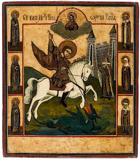 A RUSSIAN ICON OF SAINT GEORGE SLAYING THE DRAGON, 18TH CENTURY