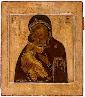 A RUSSIAN ICON OF THE VLADIMIRSKAYA MOTHER OF GOD (UMILENIE), THE INSERT DATING 17TH CENTURY