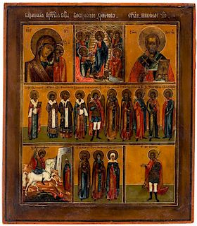 A RUSSIAN ICON WITH SELECTED SAINTS AND KAZANSKAYA MOTHER OF GOD, MOSCOW SCHOOL, 19TH CENTURY