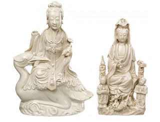 TWO FIGURES OF GUANYIN SEATED ON A CRANE AND BLANC-DE-CHINE FIGURE OF GUANYIN ON A ROCK