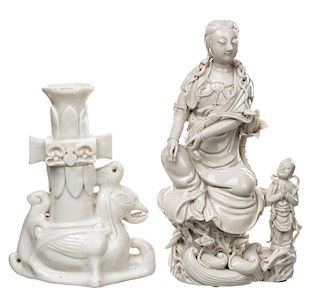 A BLANC-DE-CHINE FUGURES OF GUANYIN AND CHILD AND PHOENIX WITH A VASE