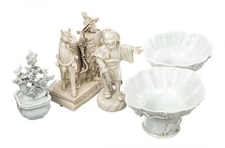A PAIR OF LARGE BLANC-DE-CHINE CUPS AND A GROUP OF THREE BLANC-DE-CHINE FIGURES
