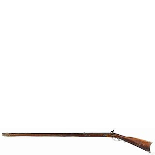 Full stock percussion long rifle, approximately .40 caliber, with a tiger maple stock