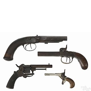 Four antique revolvers, to include a Belgian percussion pistol, 3 1/8'' double barrel
