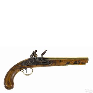 Flintlock brass barrel pistol, approximately 50 caliber, with a plain hardwood stock