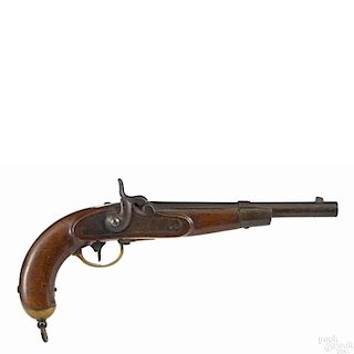 European Percussion pistol with a walnut stock, a brass trigger guard, and a butt cap