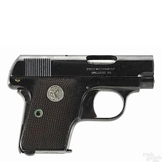Colt model 1908 hammerless semi-automatic pistol, .25 caliber, with checkered Colt walnut grips