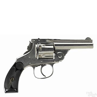 Hopkins & Allen five-shot revolver, .38 caliber, with a nickel finish and black plastic grips
