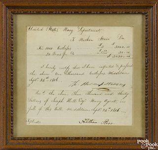 Nathan Starr signed receipt, dated Sept. 24th 1816, for 1,000 cutlasses at $3 each