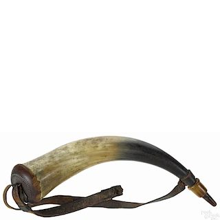 York County, Pennsylvania screw tip powder horn, 19th c., with a typical rope carved plug, 14'' l.