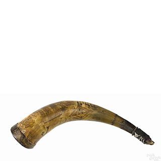 Carved powder horn, dated 1858, probably Newfoundland, having a sail ship and compass