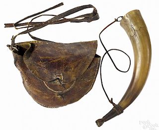 Leather shot pouch, 19th c., together with a powder horn