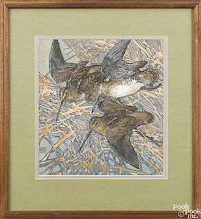 Lynn Bogue Hunt (American 1878-1960), mixed media on board of woodcocks, signed lower left