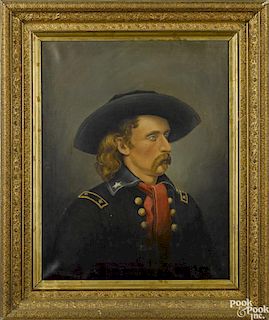 Oil on canvas portrait of George Armstrong Custer, 19th c., signed W. E. Hutchins, 30'' x 24''.