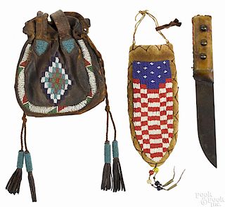 Native American Indian beadwork bag, 19th c., 7'' h.
