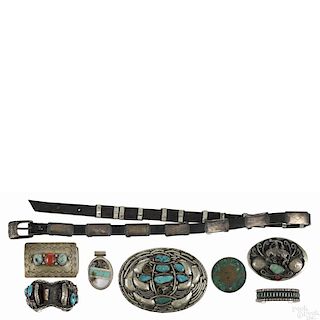 Native American Indian silver and turquoise jewelry, to include three belt buckles
