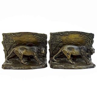 Pair of Austrian Bronze Bookends "Wildcats in Landscapes"