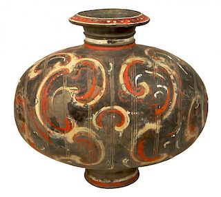 Chinese Han Dynasty (206 BC–AD 220) Pigment Painted Pottery Cocoon Vase.