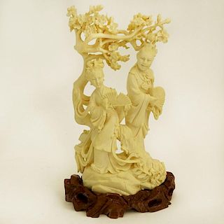Mid 20th Century Chinese Carved Ivory Group, Maidens Under Tree.