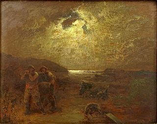 Louis Douzette, German (1834-1924) Oil on Panel, Moonlit Shore Scene.