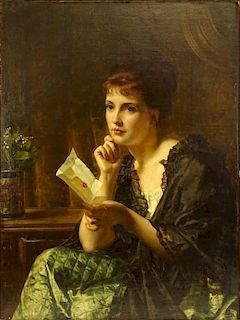 Frederick Trevelyan Goodall, British (1848-1871) Oil on canvas "Portrait of Girl Reading a Letter"