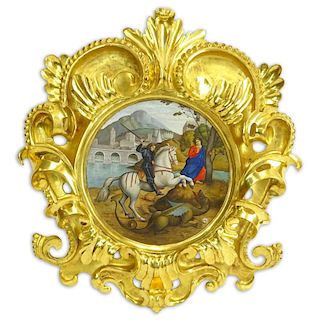 European School, Possibly Italian Oil on Board, George Slaying the Dragon with finely carved Florentine Gold Leaf Frame.
