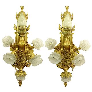 Large and Heavy French Gilt Bronze Six (6) Light Sconces with Finely Cast Relief Bacchus Masks and Grape Leaf Swags.