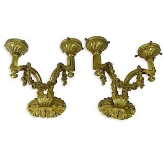 Pair Antique Heavy Dore Bronze Sconces with Two Light Torch Arms and Rose Swag.