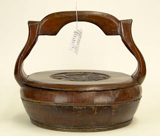 19th Century Chinese Zhejiang Province Lacquered Wood Basket with Carved Cover and Handle.