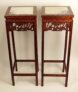 Pair Vintage Chinese Carved Hardwood Pedestal Stands With Marble Inserts. Bamboo Motif.