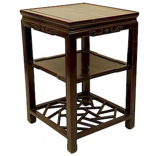 Antique Chinese Hardwood Table with Shelf and Cracked Ice Work Trestle.