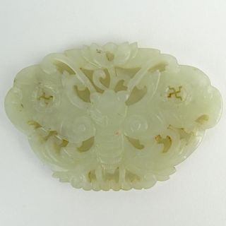 Antique Chinese Carved White/Pale Celadon Jade Butterfly Pendant.