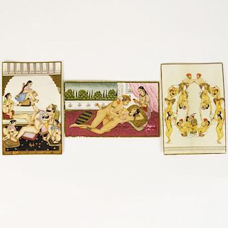Collection of Three Indian Erotic Miniatures on Ivory.