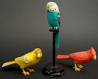Three (3) Miniature Polychrome Painted Carved Ivory Japanese Okimono Birds.